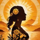 Sunflower-themed woman silhouette in golden sunset setting