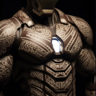 Detailed Iron Man suit with gold and red armor patterns and glowing blue eyes.