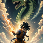 Orange and Blue Attired Warrior Faces Green Dragon in Stormy Sky