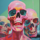 Colorful psychedelic skull art on swirling neon backdrop