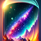 Digital art: Galaxy in glass jar with stars, planets, and nebulae above alien landscape