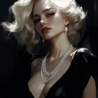 Blonde woman illustration with curly hair and pearl necklace