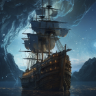 Fantastical glowing ship in serene blue landscape