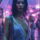 Woman standing at night with neon lights, transparent umbrella, shiny jacket, purple hair tones