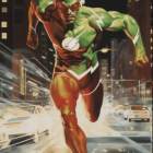 Superhero comic book illustration: Green mask, red suit, lightning bolt emblem, sprinting through city