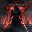 Darth Vader with lightsabers at Japanese pagoda under crimson sky