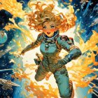 Illustrated female astronaut with stylized hair in cosmic space scene