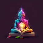 Colorful meditative figure with glowing book on dark ornate backdrop