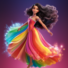 Voluminous Curly-Haired Character in Multicolored Gown on Magenta Background