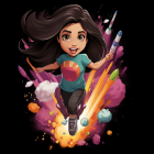 Curly-haired girl on colorful rocket in space