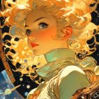 Golden-haired female character with red eyes in cosmic setting.