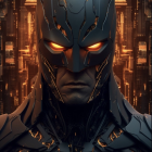 Close-up of Batman in black suit and cowl with intense eyes against golden city lights.