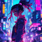 Futuristic woman with cybernetic enhancements in neon-lit cityscape