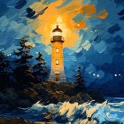 Colorful digital artwork: Lighthouse on rocky shore, golden waves, dramatic sky.