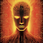 Glowing golden humanoid face with circuit-like lines on dark background