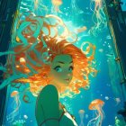 Orange-Haired Anime Girl in Underwater Scene with Glowing Jellyfish