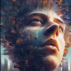 Futuristic cyberpunk cityscape with woman's face blending in