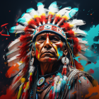 Native American Chief in Colorful Headdress on Psychedelic Background