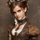 Steampunk woman portrait in brass goggles and leather attire