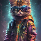 Cat in sunglasses and space jacket on cosmic background