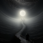 Surreal night scene with moon, staircase, clouds, planet, starry sky