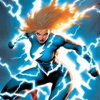 Female superhero in blue and gold suit with electric powers and dramatic lightning.