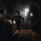 Child in pajamas meets friendly monster in dark bedroom with bright light.