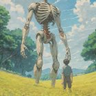 Boy in green shirt faces towering skeleton in field with cloudy sky