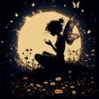 Fairy with Luminous Wings in Flower Field Under Full Moon