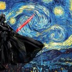 Sci-fi character with lightsaber in front of "Starry Night" painting