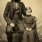 Sepia-toned Star Wars costumes: Darth Vader & young Anakin Skywalker pose solemnly