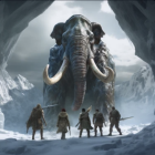 Majestic mammoth with warriors in tribal armor in snowy landscape