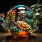 Digital Art: Two sea turtles in bubble with coral & plants