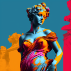 Colorful reinterpretation of classic sculpture with neon paint on turquoise and magenta.