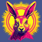 Colorful rabbit illustration on starburst background