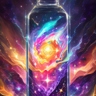 Colorful cosmic galaxy in glass bottle on starry space background