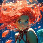 Woman with vibrant red hair underwater surrounded by jellyfish and glowing orbs in a transparent bubble