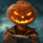 Person with Carved Pumpkin Head Holding Knife and Mini Pumpkin in Spooky Halloween Scene