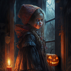 Gothic girl in horned headpiece surrounded by pumpkins and bats