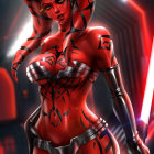 Sci-fi warrior female character in red and black armor with lightsaber-like weapons against starry backdrop