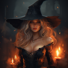 Mysterious woman in witch costume with glowing eyes and candle in dark forest