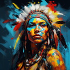 Digital artwork: Indigenous person in feathered headdress, face paint, beaded necklaces, cosmic