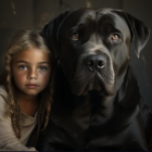 Young girl with blue eyes and large black dog against dark background