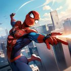 Superhero swinging in bright cityscape with skyscrapers and clear sky