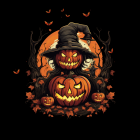 Dark Halloween illustration with jack-o'-lanterns, bats, and autumn leaves on twisted tree branches