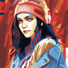 Digital illustration: Woman in red cap and floral denim jacket on fiery abstract backdrop