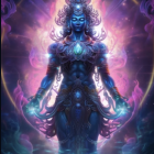 Blue-skinned cosmic being with multiple arms and glowing chakras and orbs.