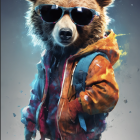 Colorful Cosmic Bear Character in Neon Hoodie & Sunglasses