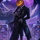 Couple embraces under purple starry night with man's pumpkin head, large moon in mystical forest