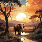 Savanna sunset with elephant, trees, animals, and orange sky